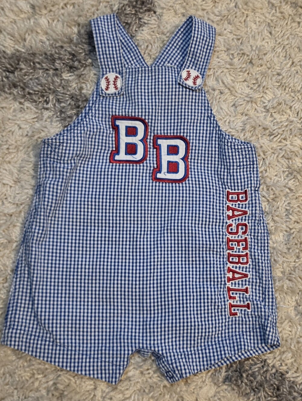 Vintage Style Blue Gingham Baseball Okie Dokie Romper - Size 12 Months
